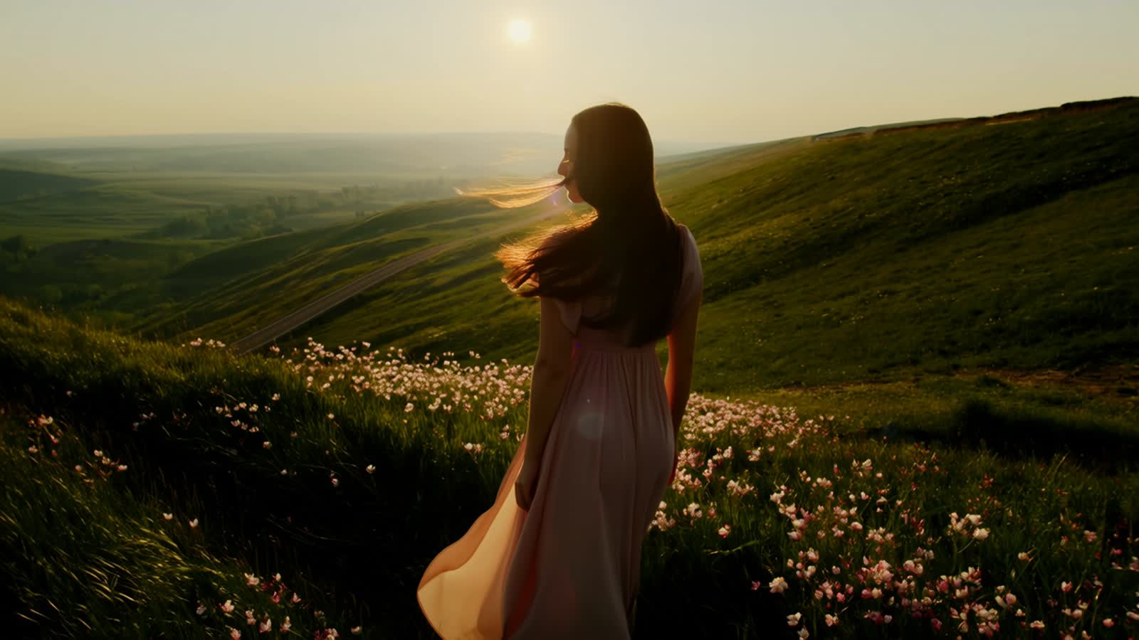 A static wide-angle camera frames a serene valley below a hill top where a young woman in a flowing, pastel-colored dres...