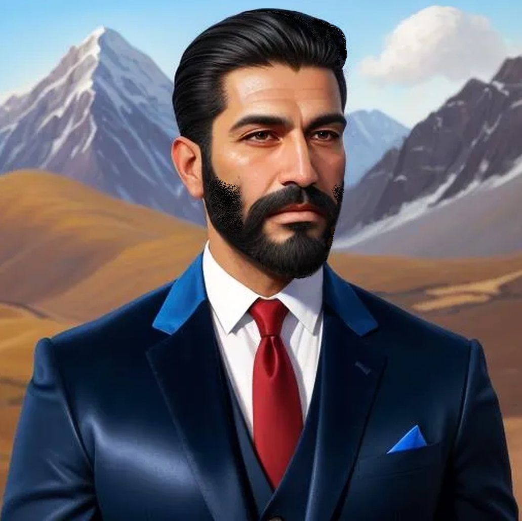 Handsome gentleman with   black  beard,   blue  suit, white ...