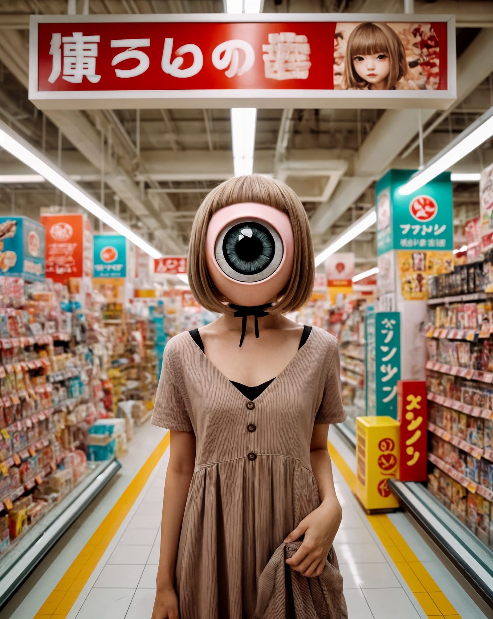 Woman in supermarket wearing a cyclops mask inspired by the Japanese tanganmen subculture