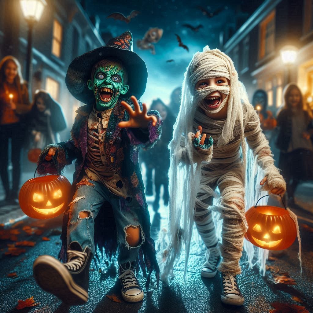 Zombie and mummy trick-or-treating