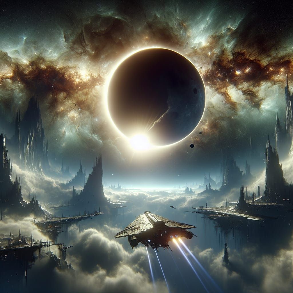 Generate an intricate detail Total eclipse of the sun and dark moon in the background in a Cosmic Galaxy view with a d...