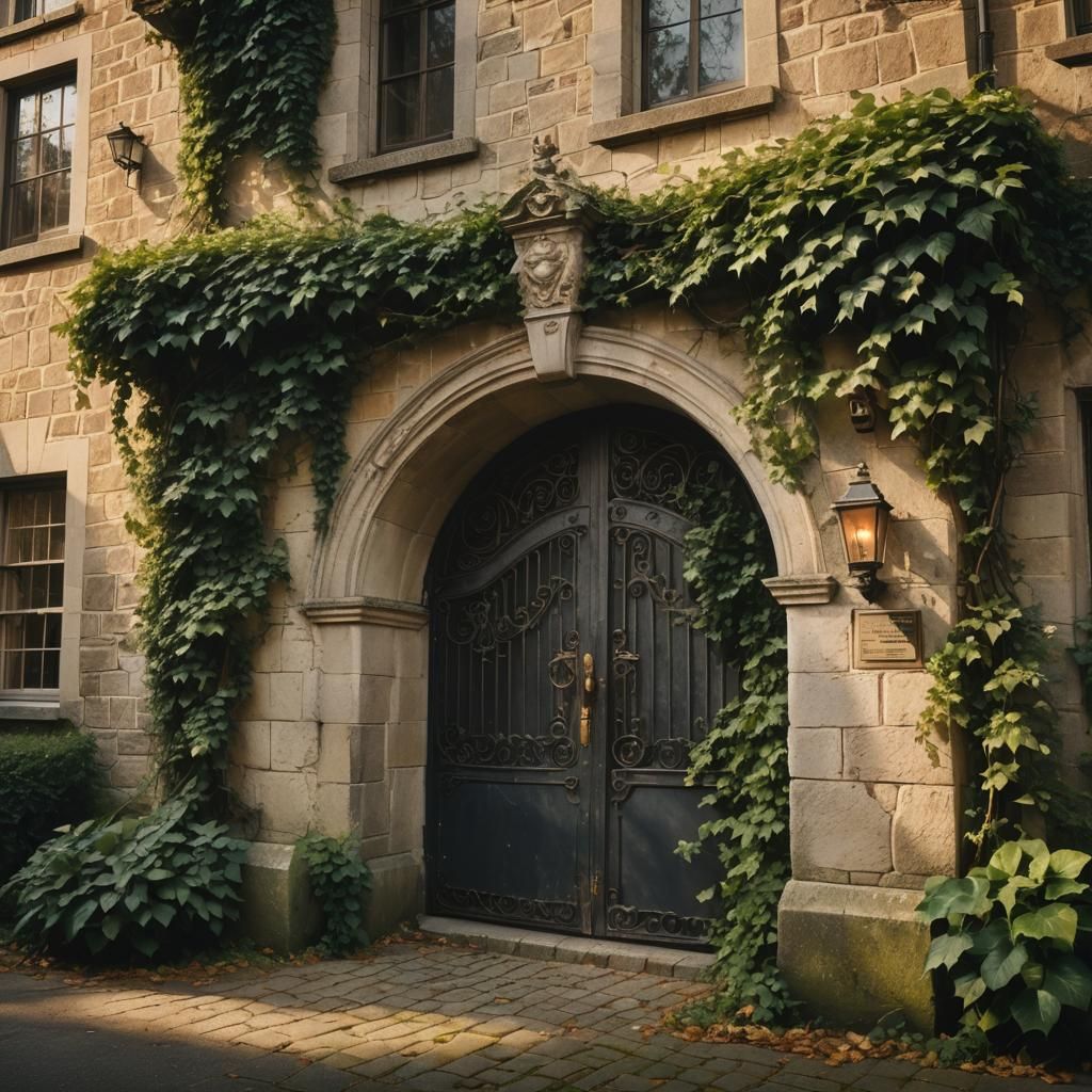 Ivy-Covered Stone Building with Grand Entrance