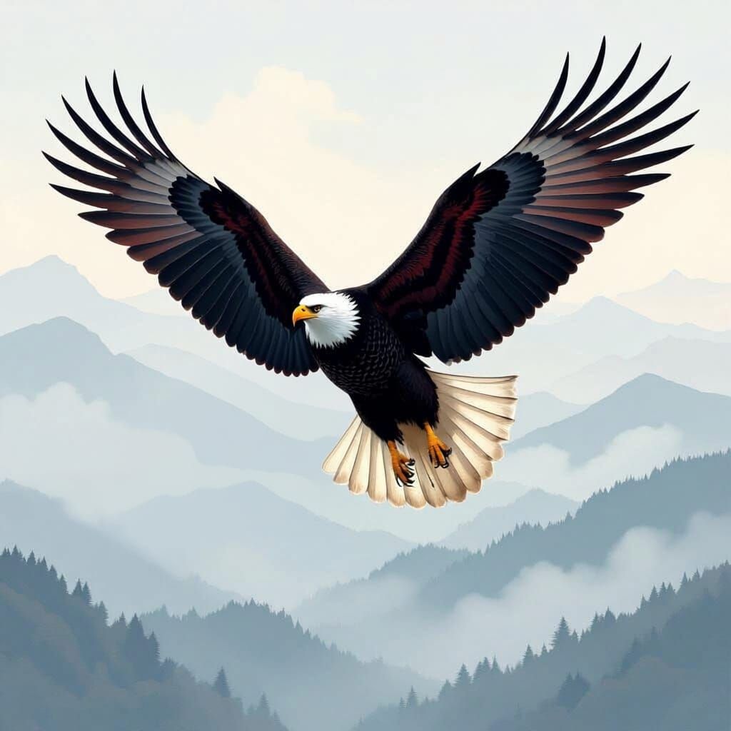 a majestic black and red eagle flying over a misty ocean
