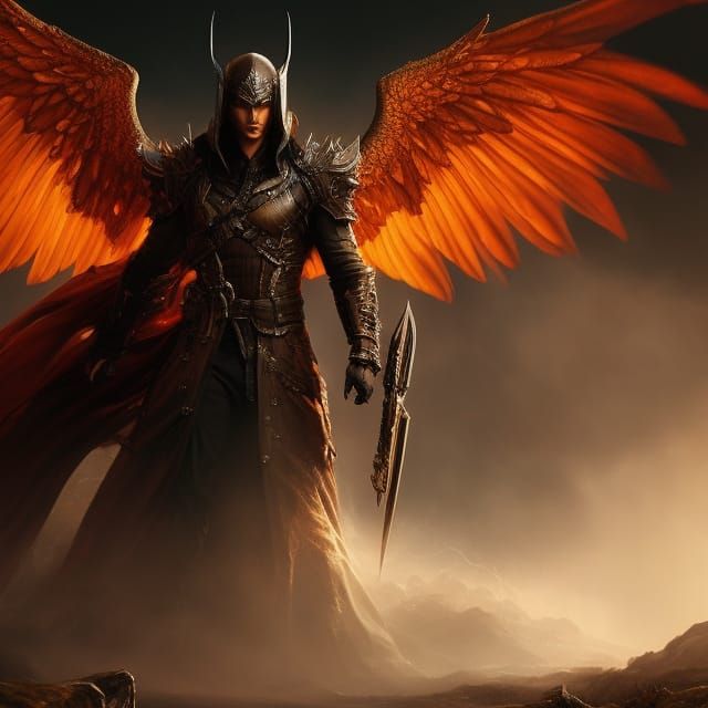 Fallen Angel, black huge wings on the back, fire, blood, dar...