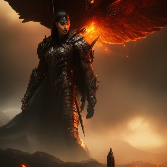 Fallen Angel, black huge wings on the back, fire, blood, dar...