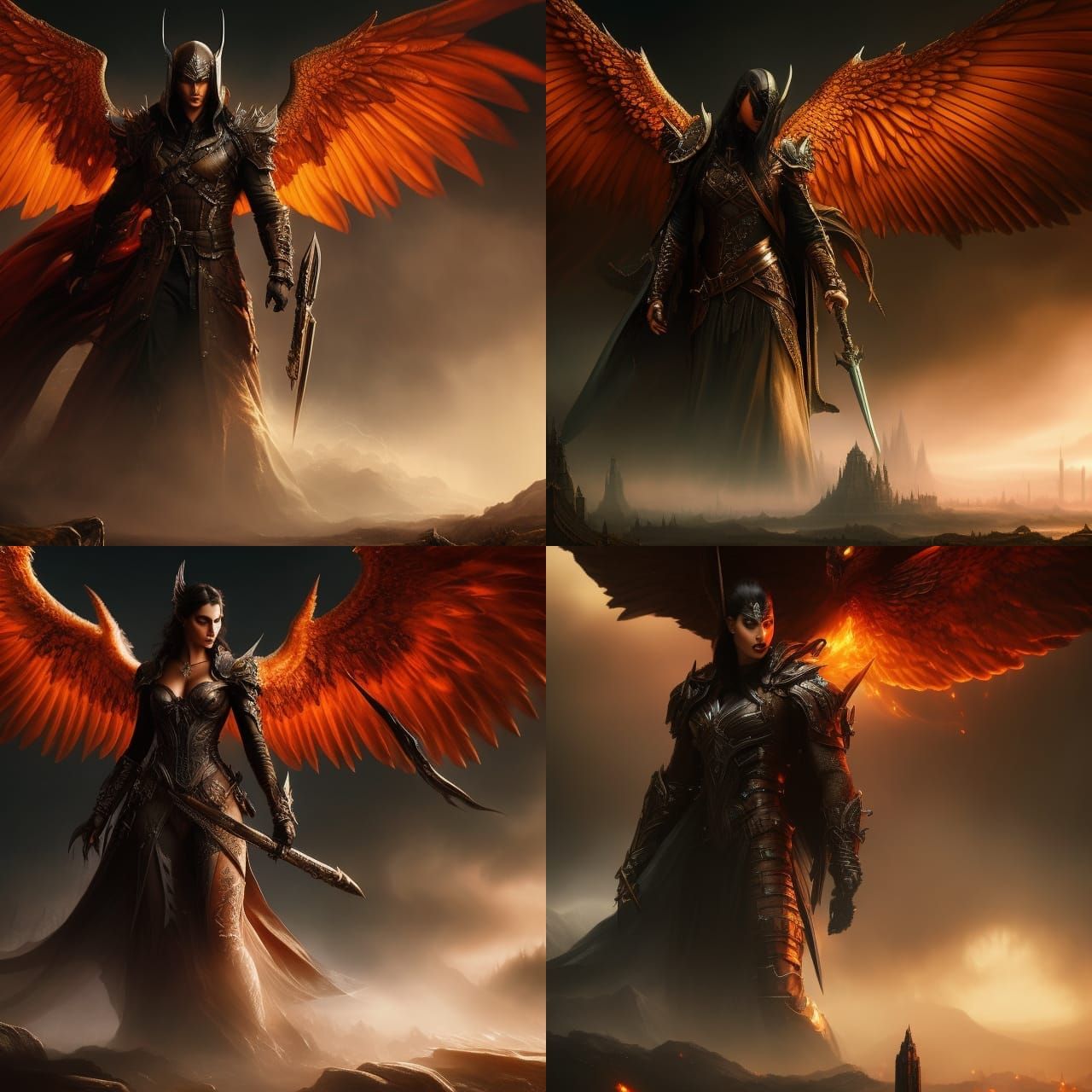 Fallen Angel, black huge wings on the back, fire, blood, dar...