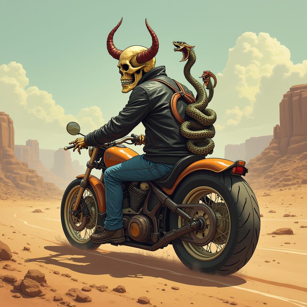 Skeleton devil, riding a motorcycle, cartoon,  apocalypse, desert. Snake wrapped around a guitar, place a guitar on his back. Rear view