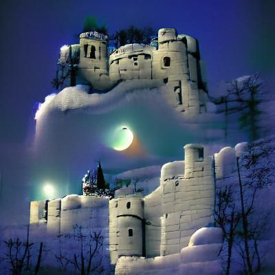 snowy castle in the moonlight