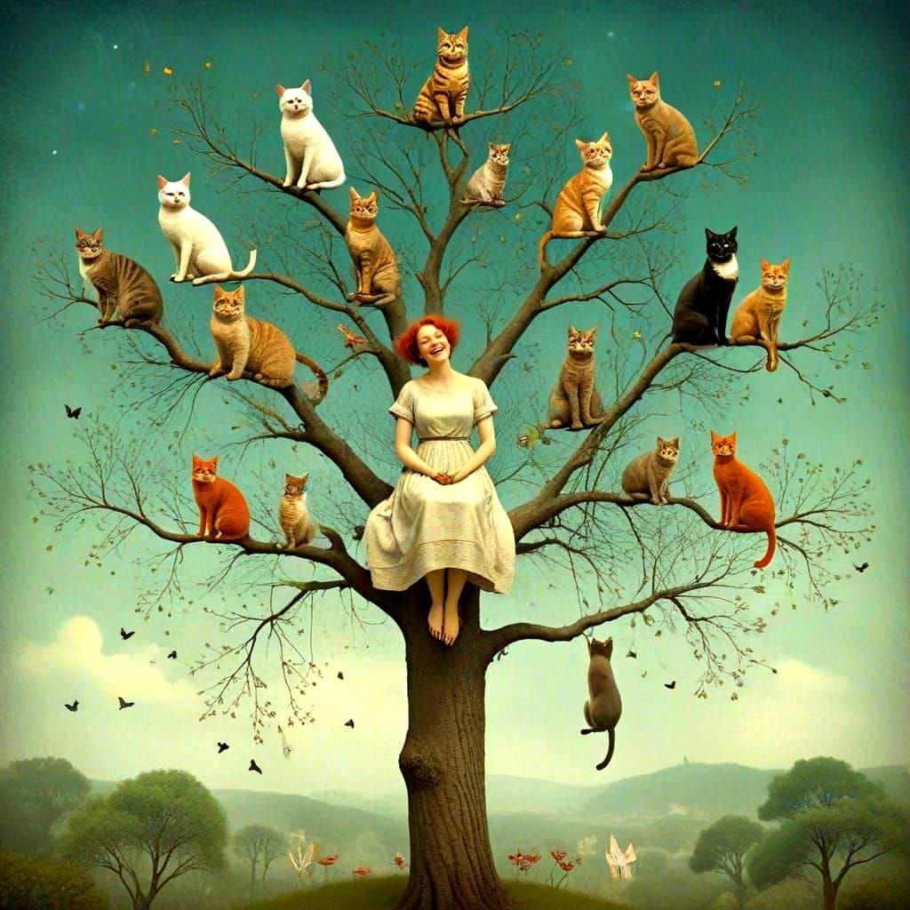 Women and Cats in a Joyful Tree Scene