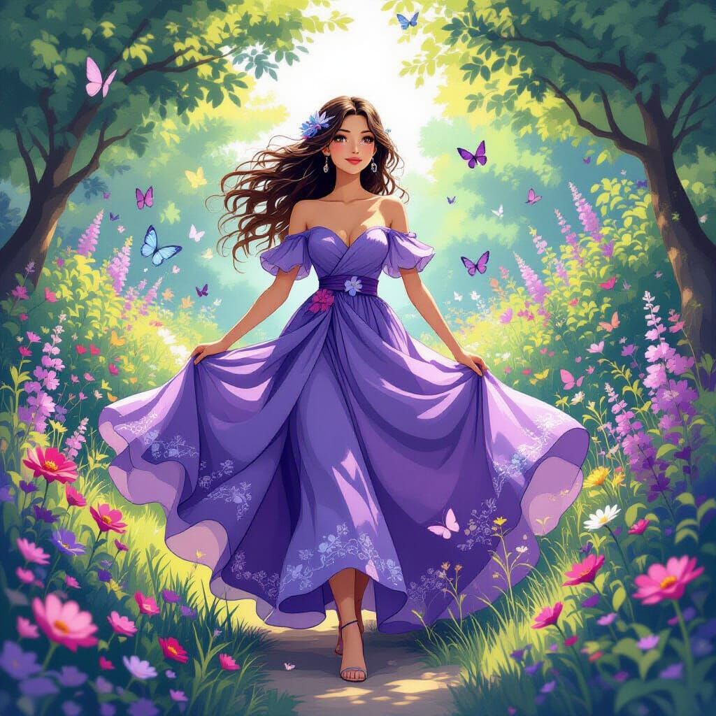 Whimsical Woman with Butterflies in Lush Garden