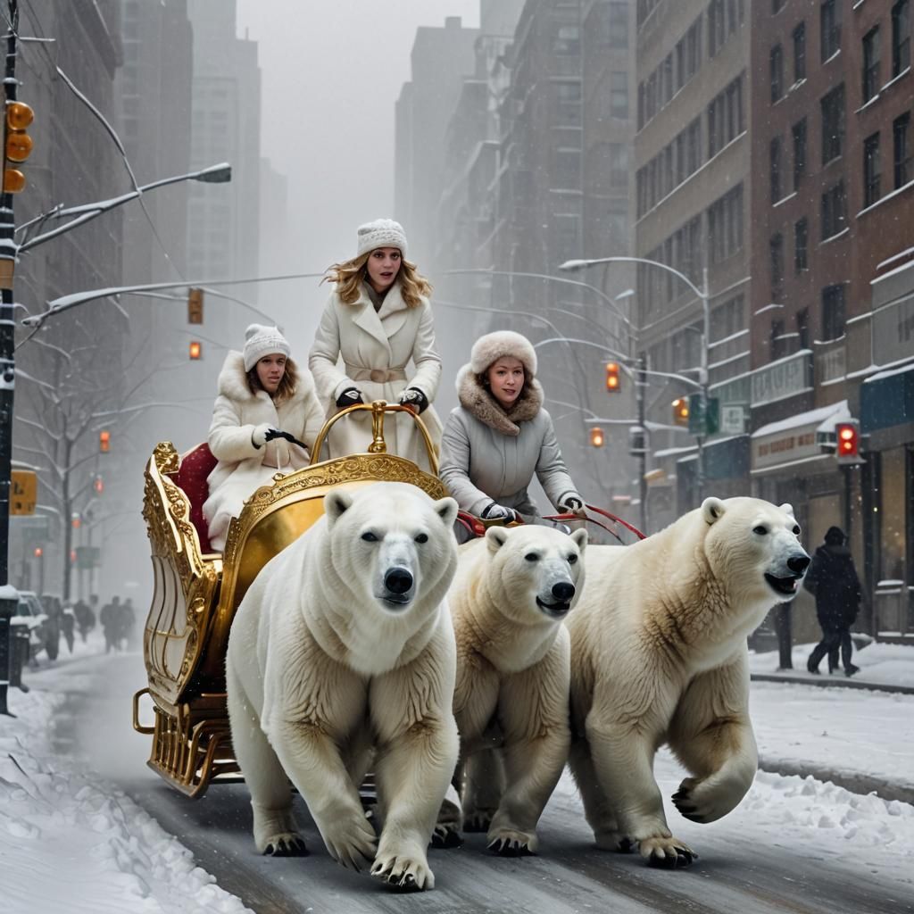 Ice princess riding a golden sleigh pulled by two polar bears. Realistic .colourful. outdoor. In Manhattan during a heavy blizzard. Foggy. F...