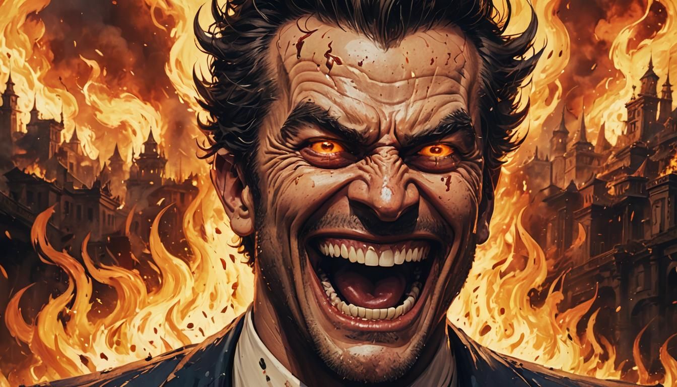 Man with evil laugh watches the world burn - AI Generated Artwork ...