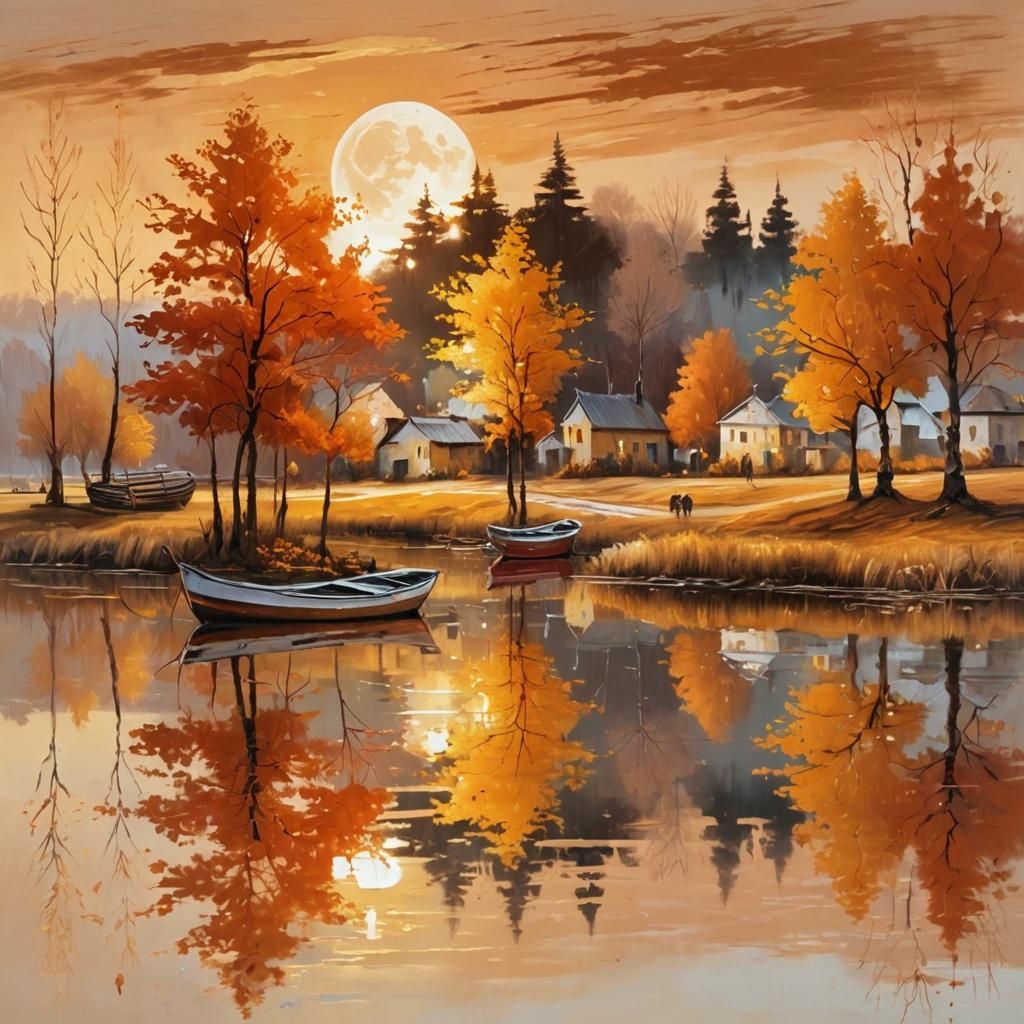 village sunset autumn landscape in gold and orange tones. heavy impasto painting. Interesting technique. ...  by @KarenK