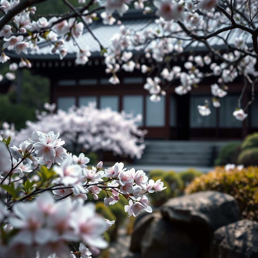 Hyperrealistic Japanese garden in spring, cherry blossoms falling, ultra-realistic lighting
