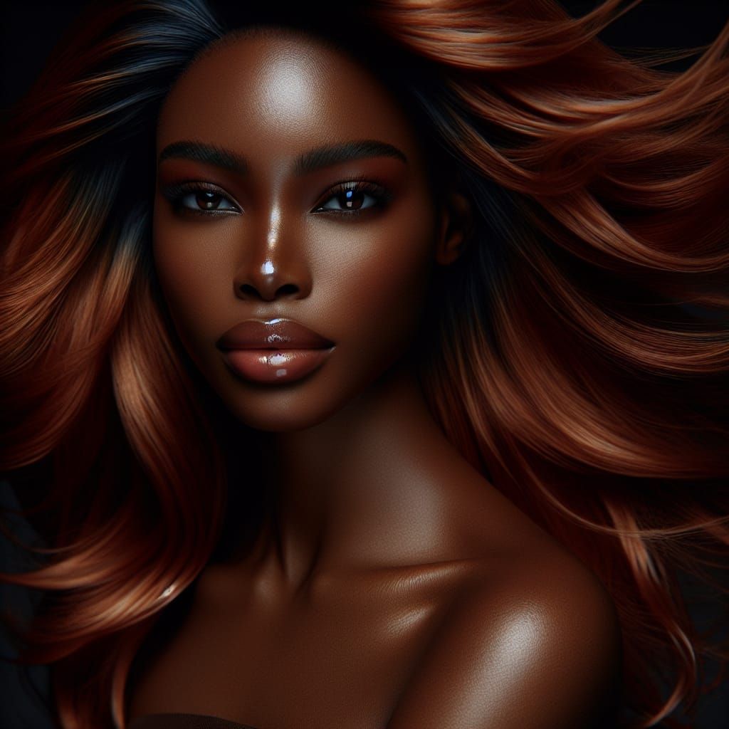 An African American woman with long flowing auburn colored h...