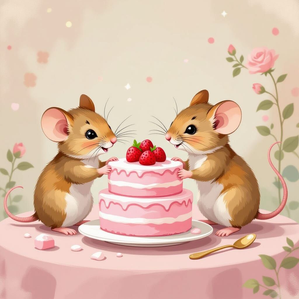 Mice Baking a Pink Layered Cake in Storybook Style