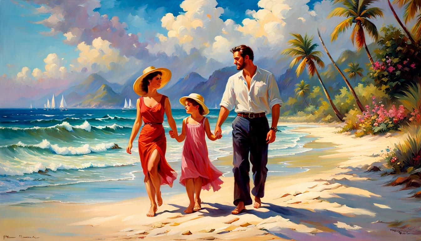 Mother, father and adorable daughter walking on a tropical b...