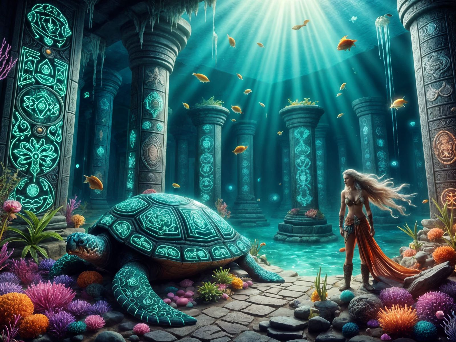 <lora:FiosRuneMagic:1.0> Oceana and her Turtle friend Cleo