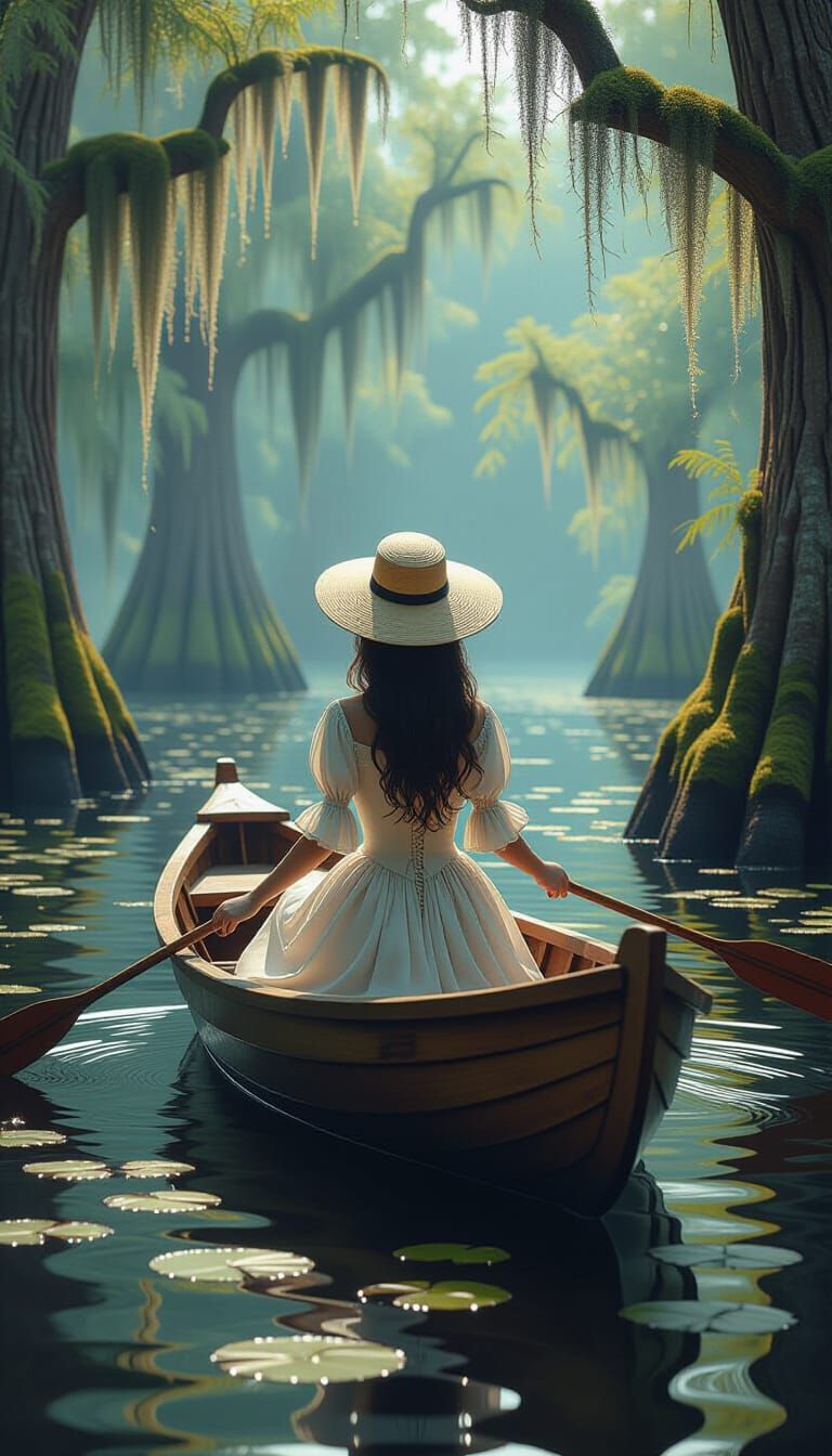 Imagine an Iris flower as a female woman in a boat, but make it a masterpiece of photorealistic art. The background is a swamp with cypress ...