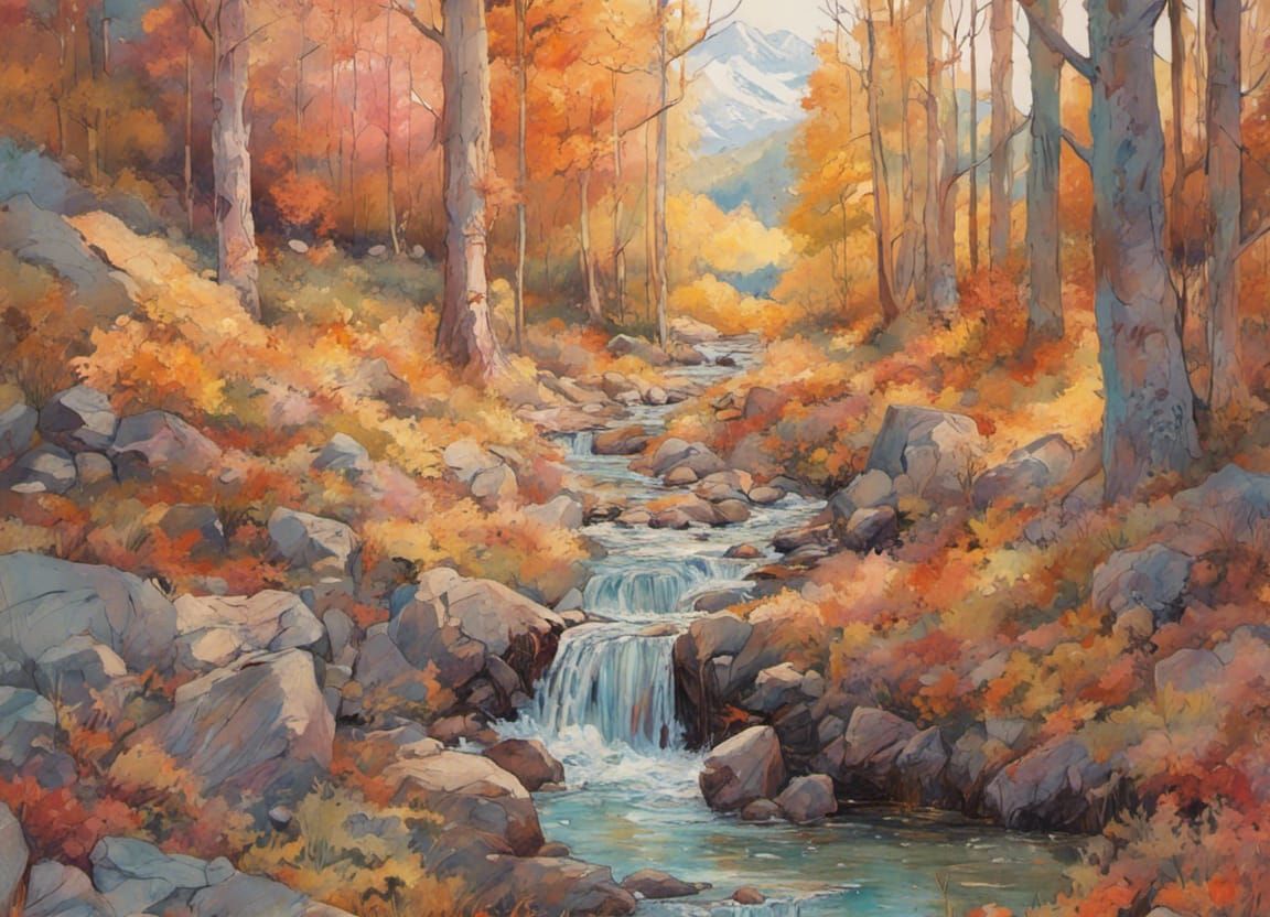 A stunning landscape painting of autumn forest, clear stream, mountain, animal, perfect composition, beautiful book illu...