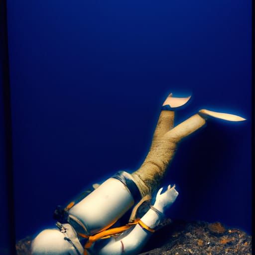 A tired astronaut sculpture sinking in aquarium tank