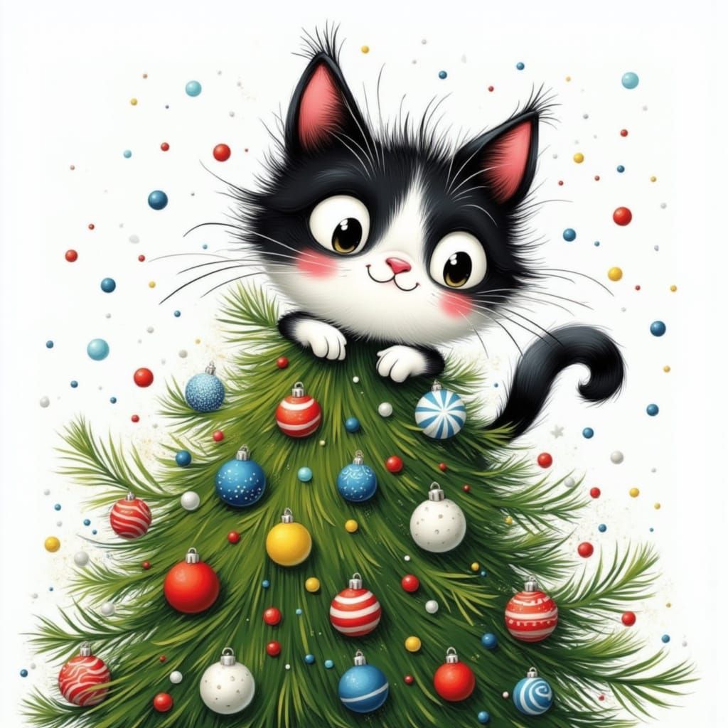 Cheeky Black and White Cat Hiding on Christmas Tree in Carto...