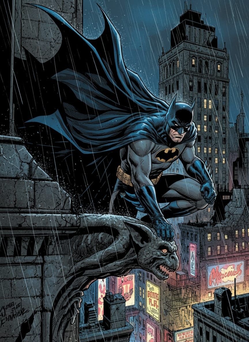 Realistic comic book image. Close-up shot. Batman in his classic, dark costume stands on a gargoyle overlooking ...  by @Joey Garza