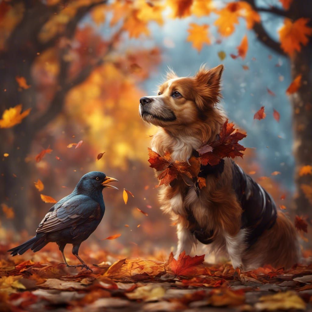Bird with a dog - focus on bird - fall theme - autumn leaves
