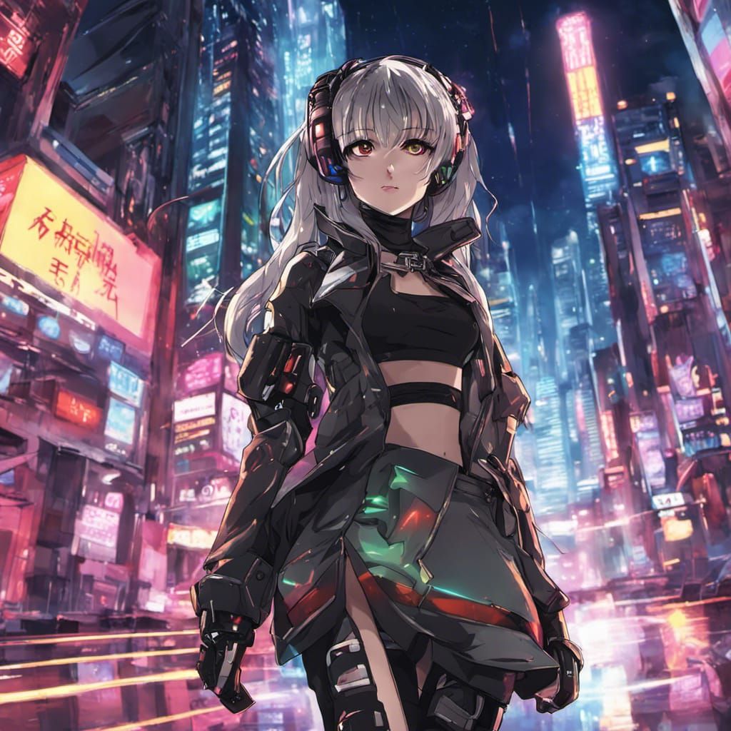 anime cyberpunk girl wearing futuristic outfit in a neon city at