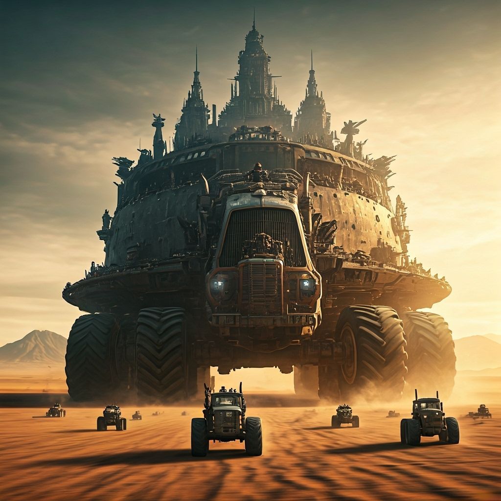a colossal city of immortal machines on tractor treads, advancing through a desert landscape. Its walls bristle with weapons and devices as ...