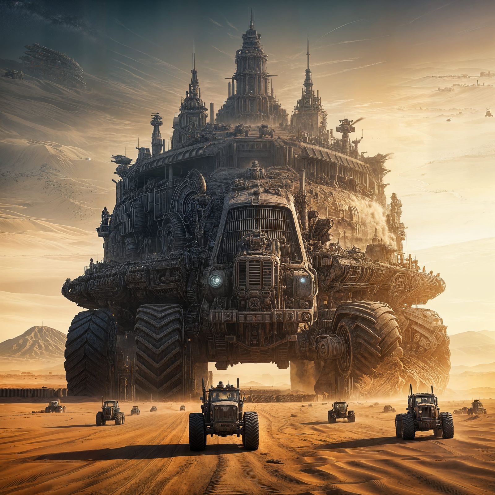 a colossal city of immortal machines on tractor treads, advancing through a desert landscape. Its walls ...  by @Voxinbain