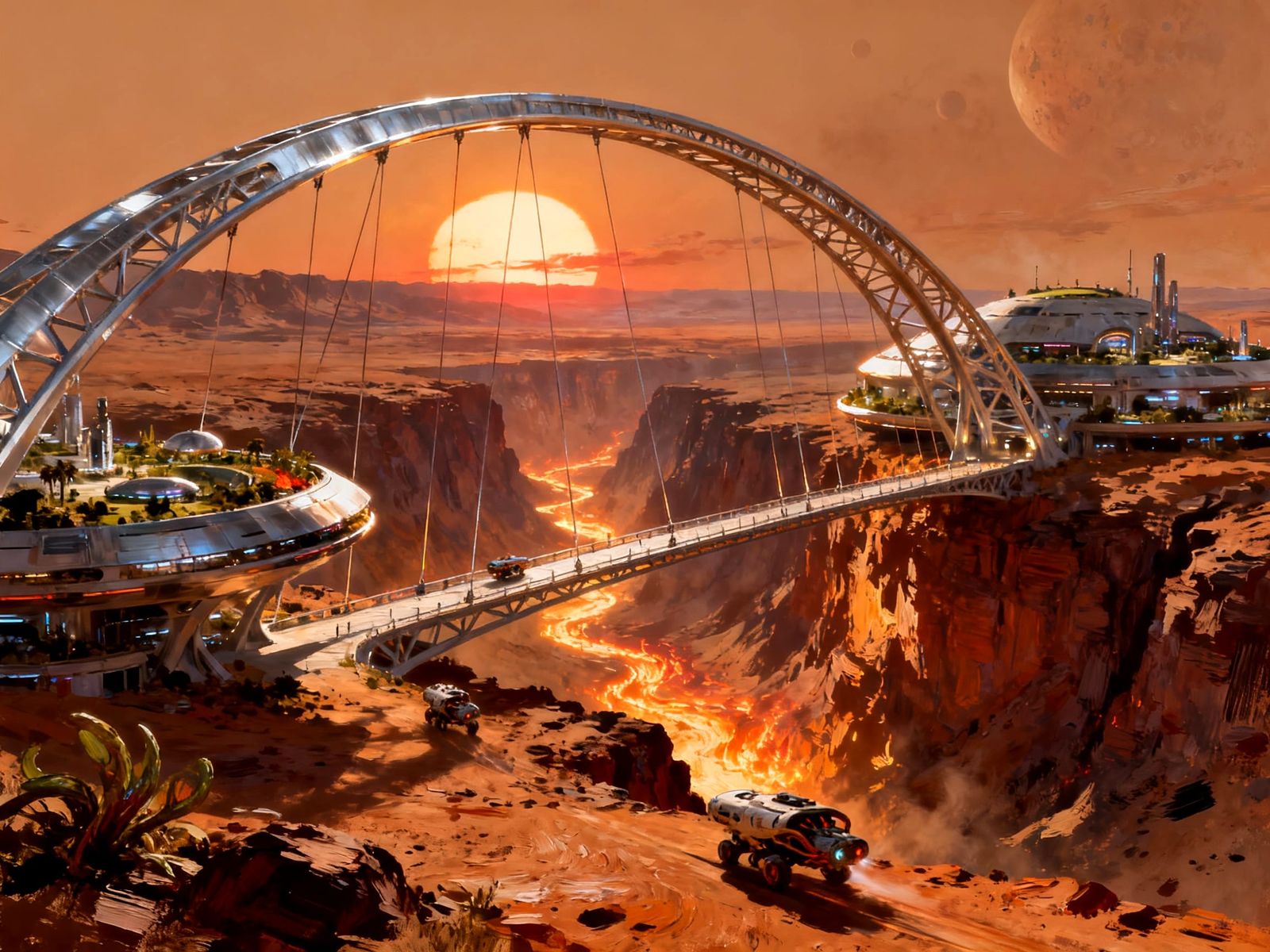 Martian settlement: Valles Marineris Bridge at sunset  by @Staircase Flash