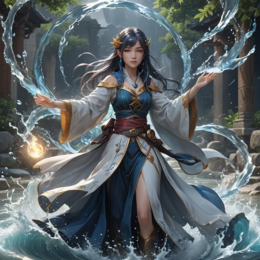 mystical scene of a sorceress gracefully controlling the ele...
