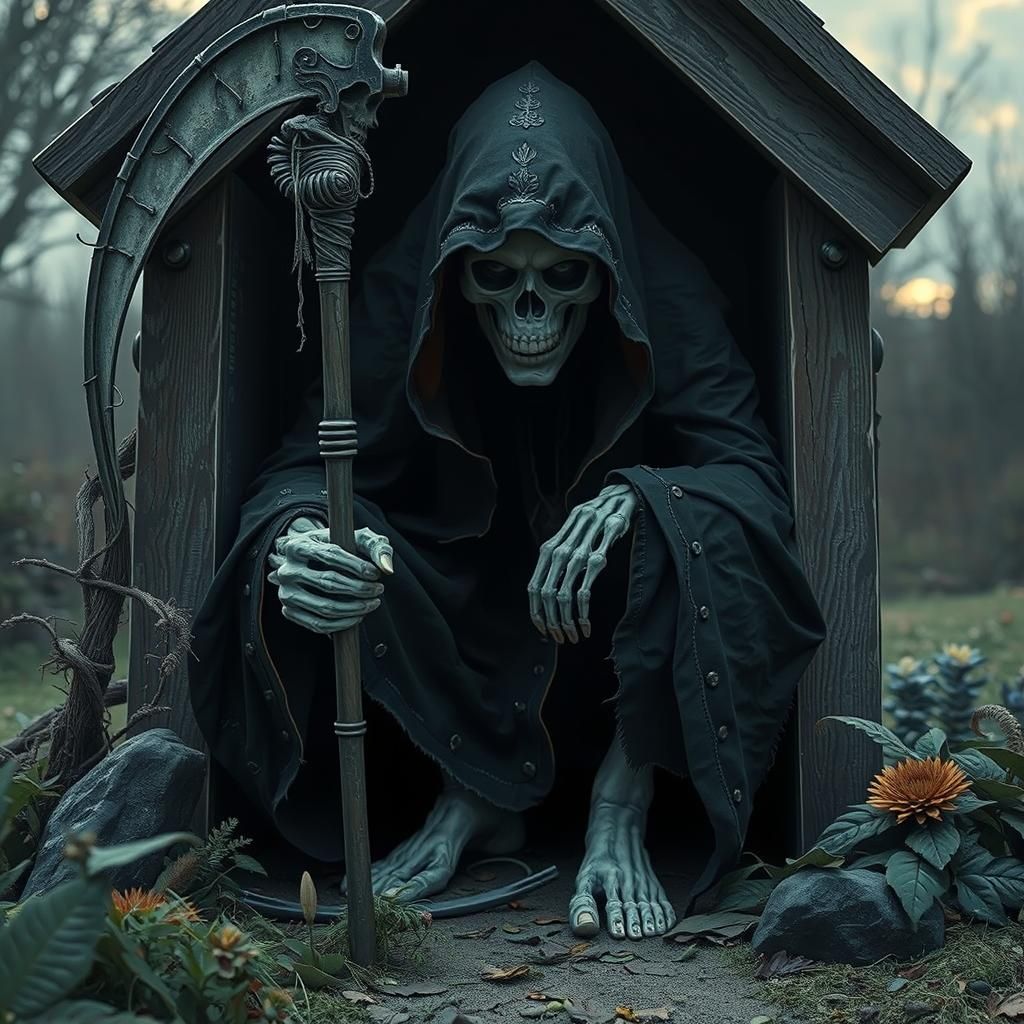 crouching in a dog house  in garden  full body shot head to foot, hyperrealistic, uhd ultra high-res ...  by @Blake Alexander