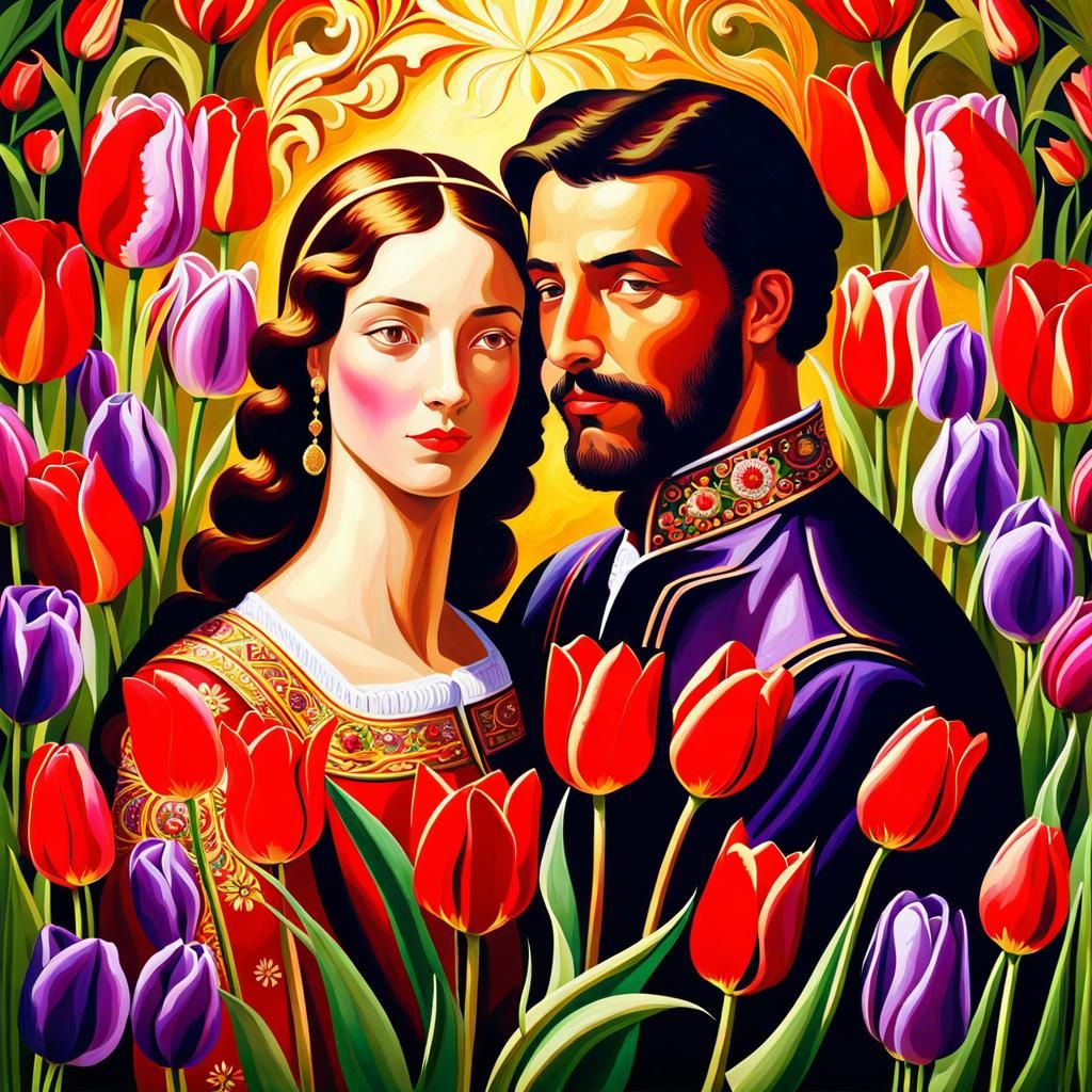 Dutch Man and Woman surrounded by  immaculate red and violet...