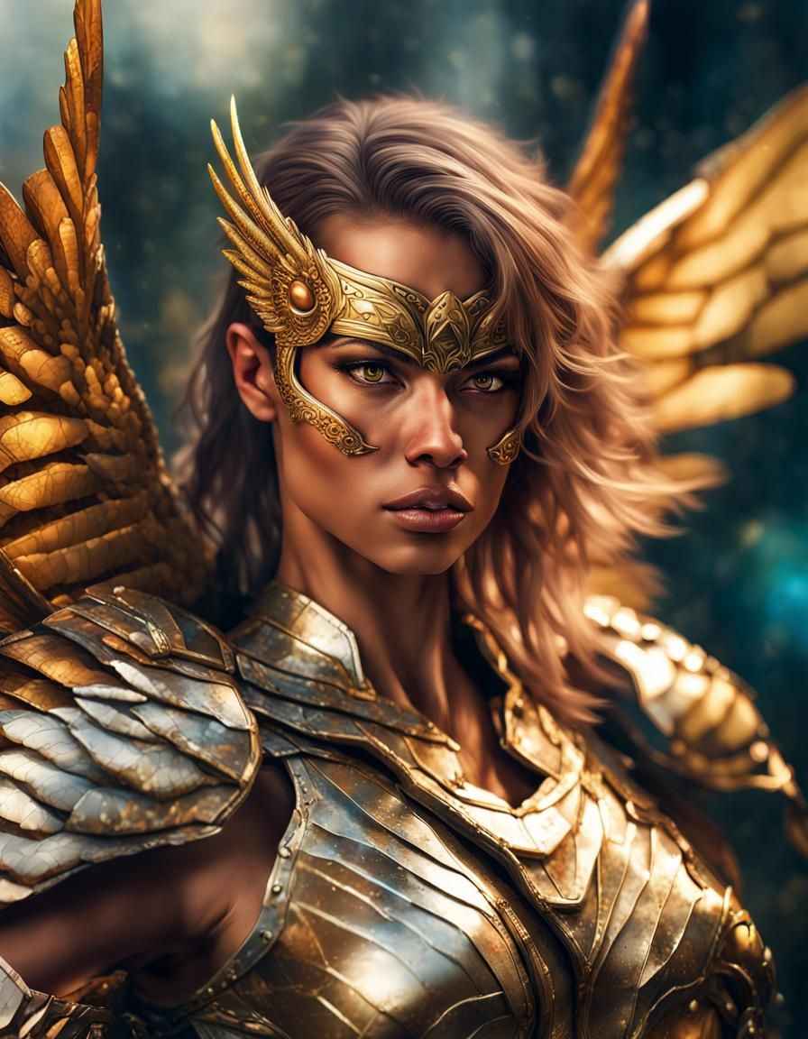 muscular Warrior "Goddess Angel" with large wings and golden...