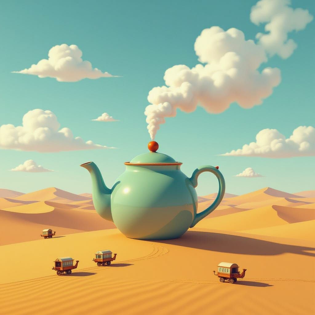 A cheerful, smiling teapot and its companion teacup are having a lively conversation on a lace tablecloth. The teapot has a rosy blush on it... - Start Image 2