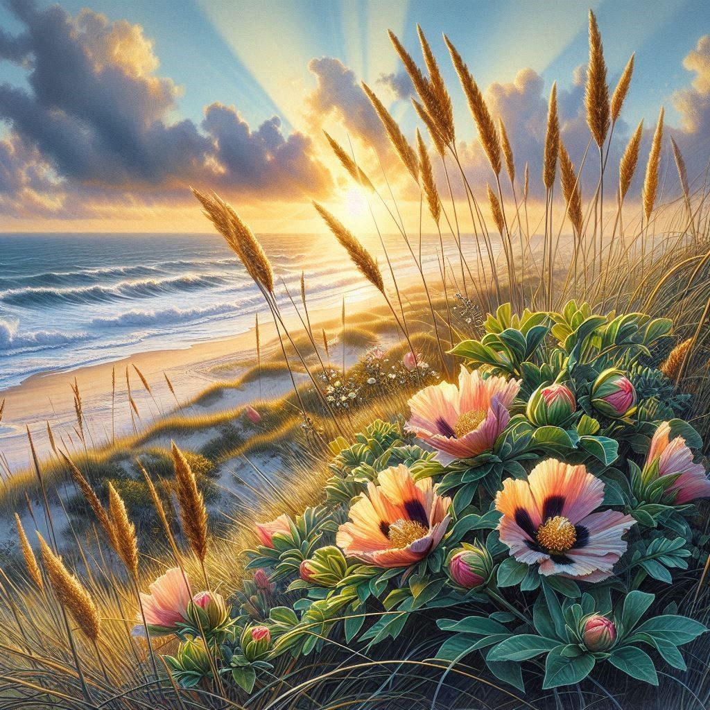 beach with flowes and dune grass