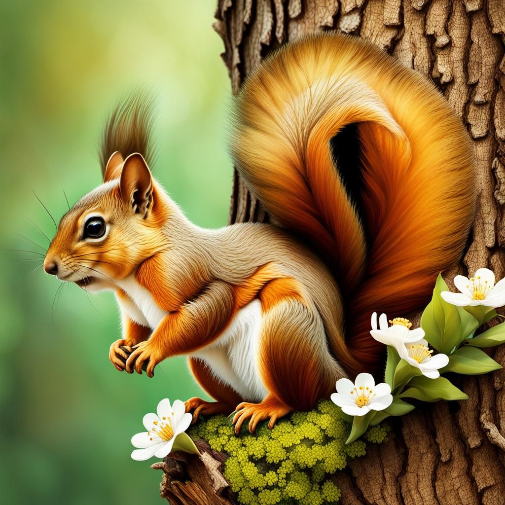 Squirrel with Nut in Tree Hole, Oil Canvas Style