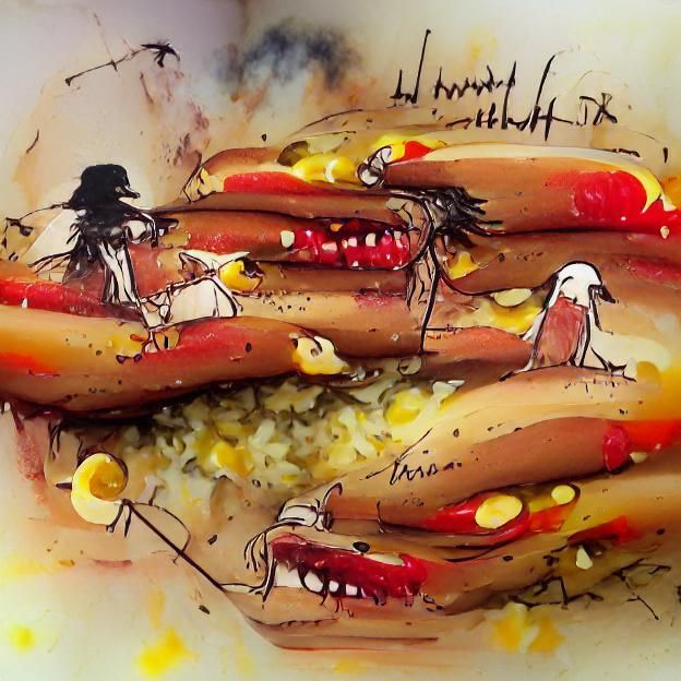 unlimited hotdogs in the style of ralph steadman