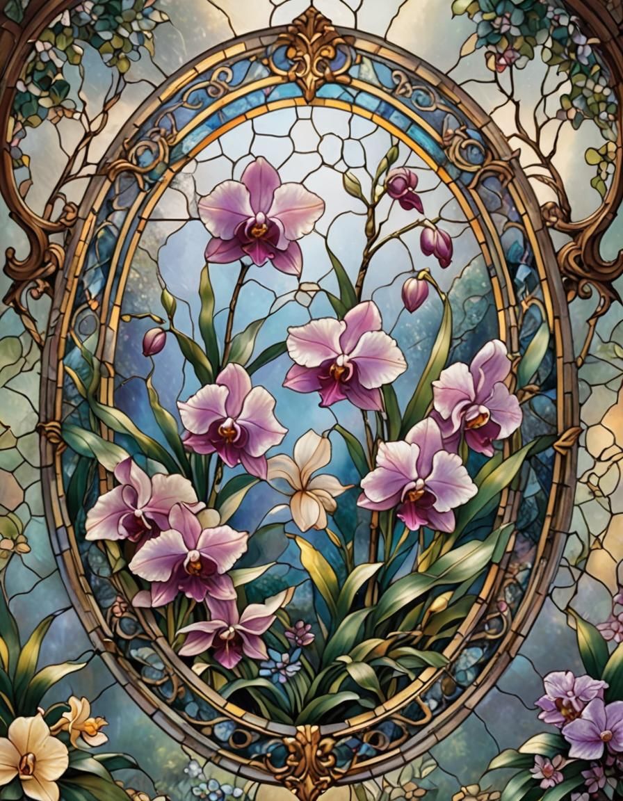 traditional stain glass oval, small vibrant orchid flower in...