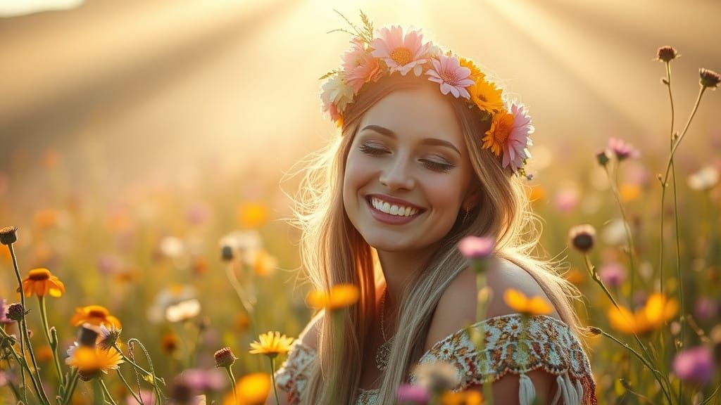 Psychedelic Hippie Goddess in Wildflower Field