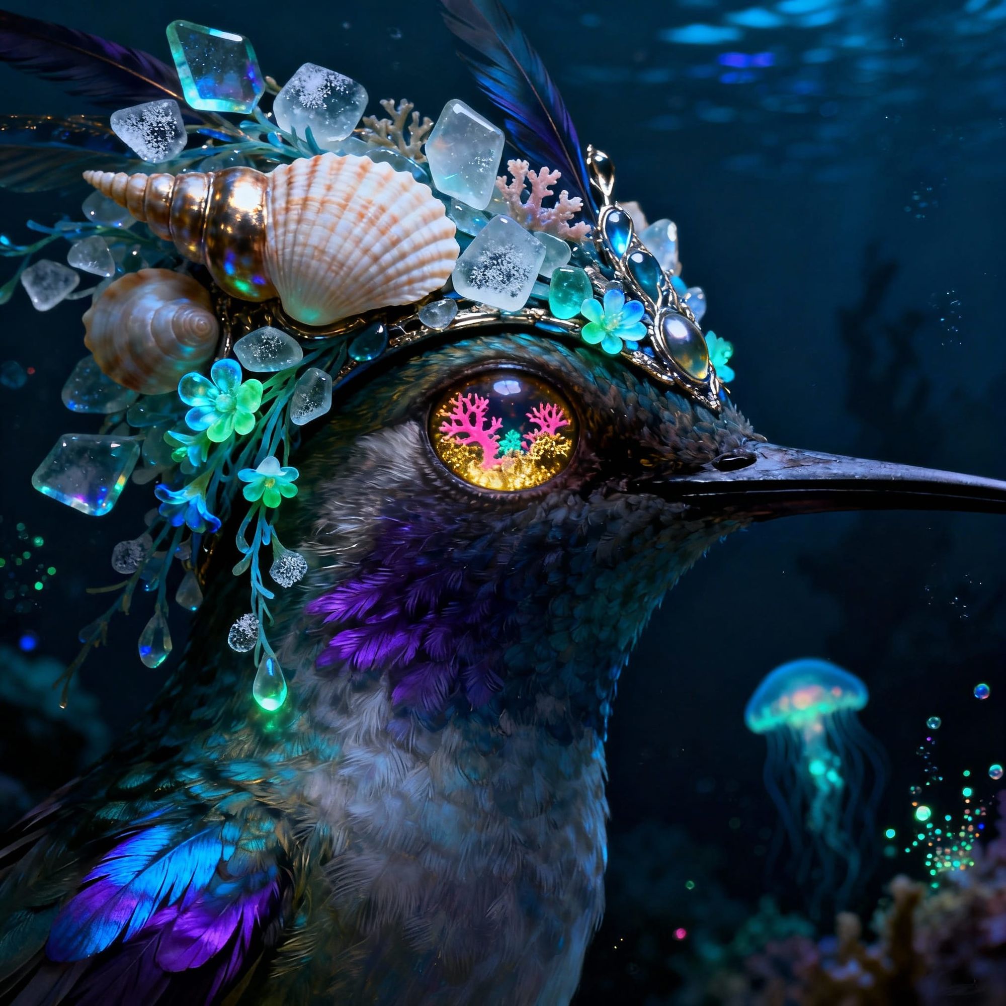 Instead of a hummingbird, make it a gray and black tabby cat. Use less C glass and more spiraling seashells, and a magenta orchid