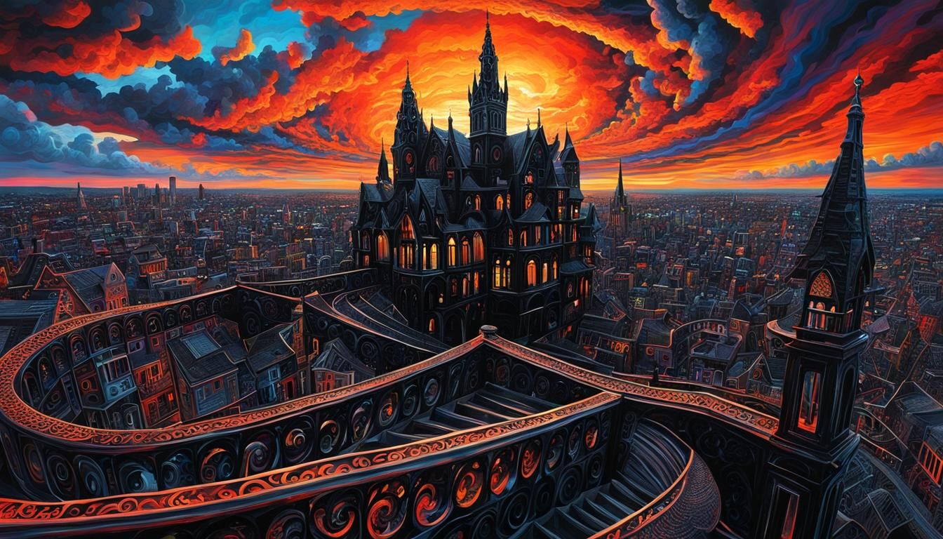 gothic city with spiral clouds in sunset - AI Generated Artwork ...