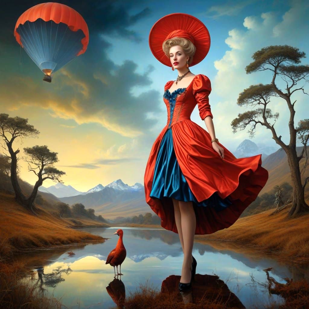 Enigmatic Lady in a Vibrant Surreal Landscape