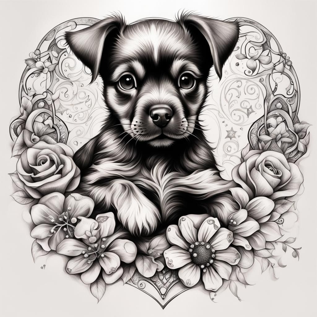 BW puppy tattoo sketch