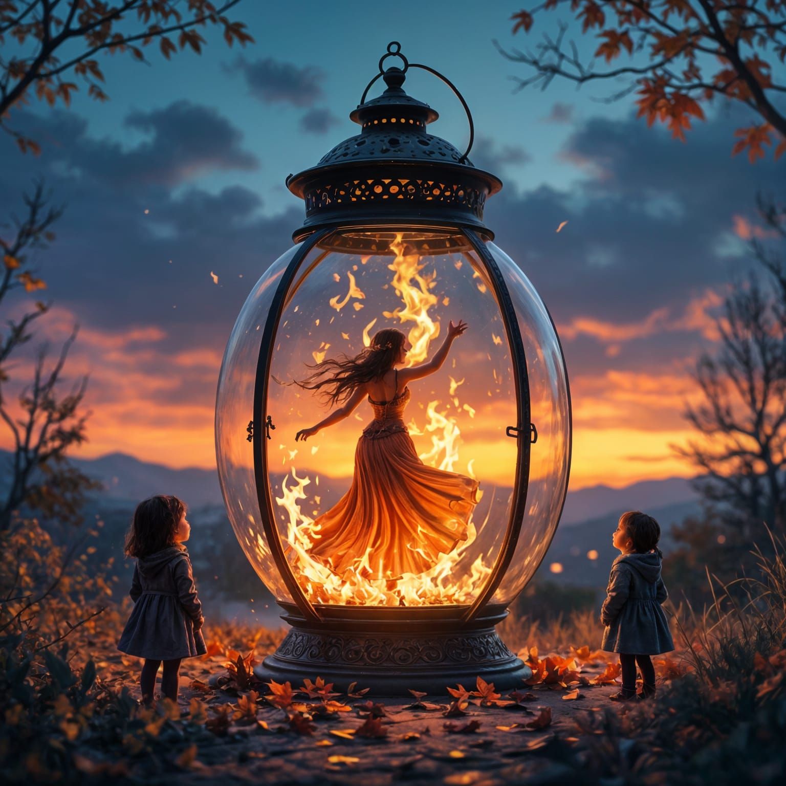 A woman's figure is the flames dancing inside of a glass lantern, a very detailed up close image, thru the other side of the glass you can s...