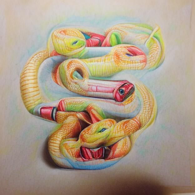 Colored pencil on paper , happy snakes