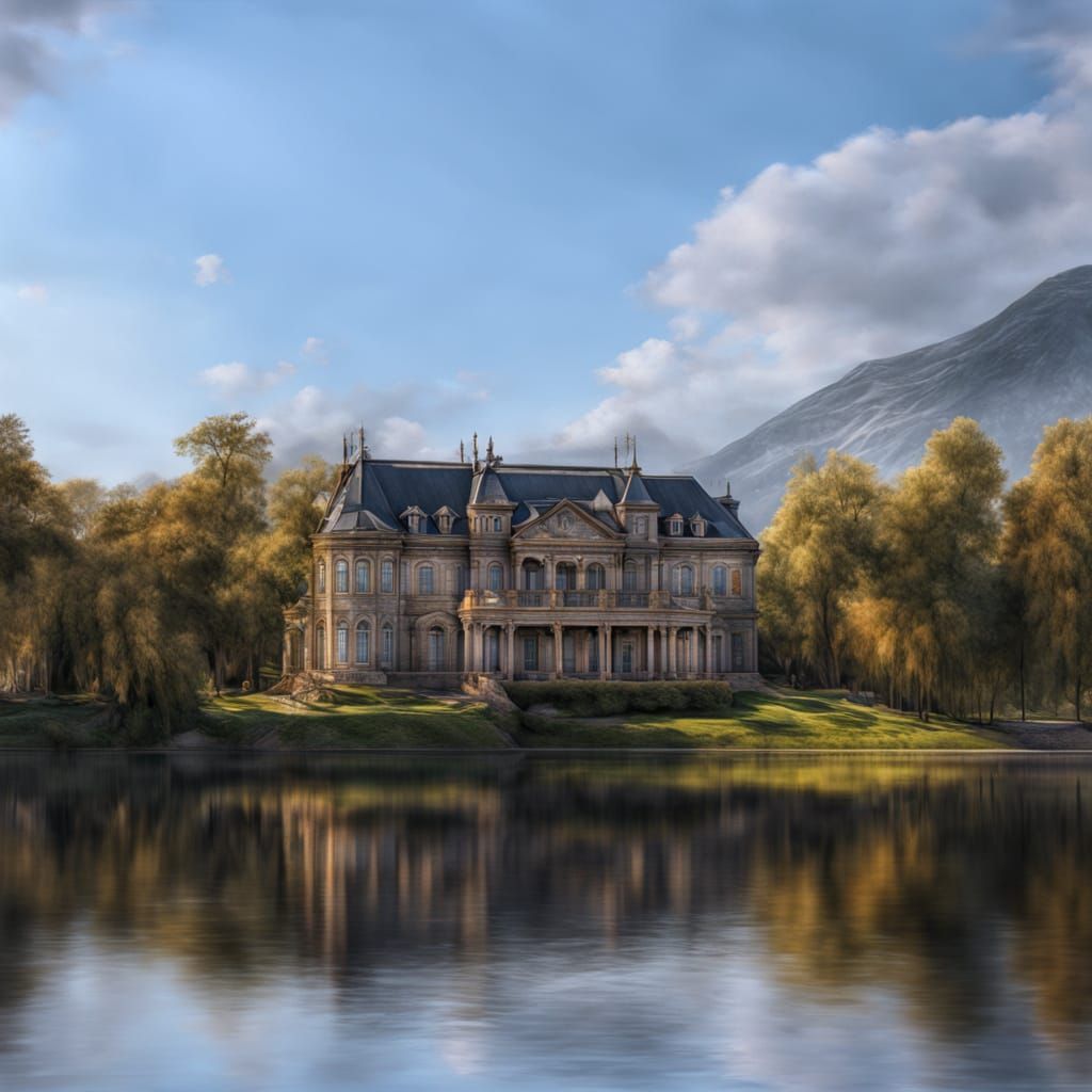 A massive mansion near a lake, intricate details, HDR, beautifully shot, hyperrealistic, sharp focus, 64 megapixels, perfect composition, hi...