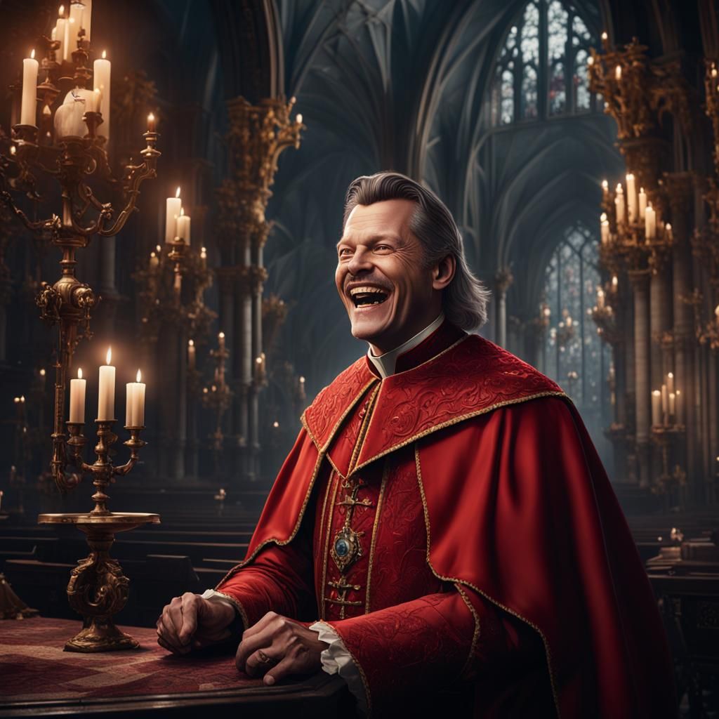 Popular podcaster and comedian Theo Von, midshot, in role as Cardinal Richelieu, laughing
